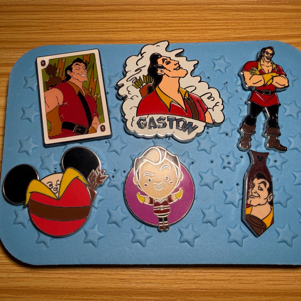6 Pin Disney Gaston Enamel Pin Lot+ 2 NEW White Pin Folio Boards